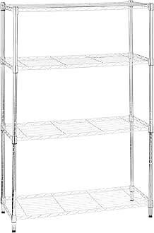 – Amazon Basics 4-Shelf Storage Unit With Height Adjustable Shelves and Levelling Feet, 640kg Max Weight, Chrome, 35.6 cm D x 91.4 cm W x 137.1 cm H