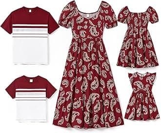 PATPATFamily Matching Summer Outfits, Mommy and Me Matching Shirts Dresses Paisley Print Matching Dresses for Family, Burgundy, 12-18 Months