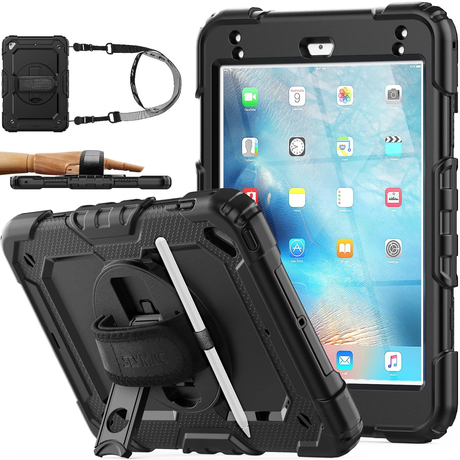 Case for iPad Mini 5th / Mini 4th 7.9 inch (2019/2015), Shockproof Case with Screen Protector Pencil Holder [Rotate Stand & Strap] for iPad Mini 5th/4th Generation 7.9'', Black+Black