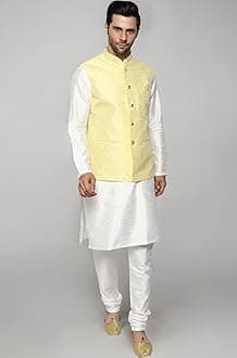 Uri and MacKenzie Men's Silk Blend Kurta Churidar Pyjama with Stylish Nehru Jacket