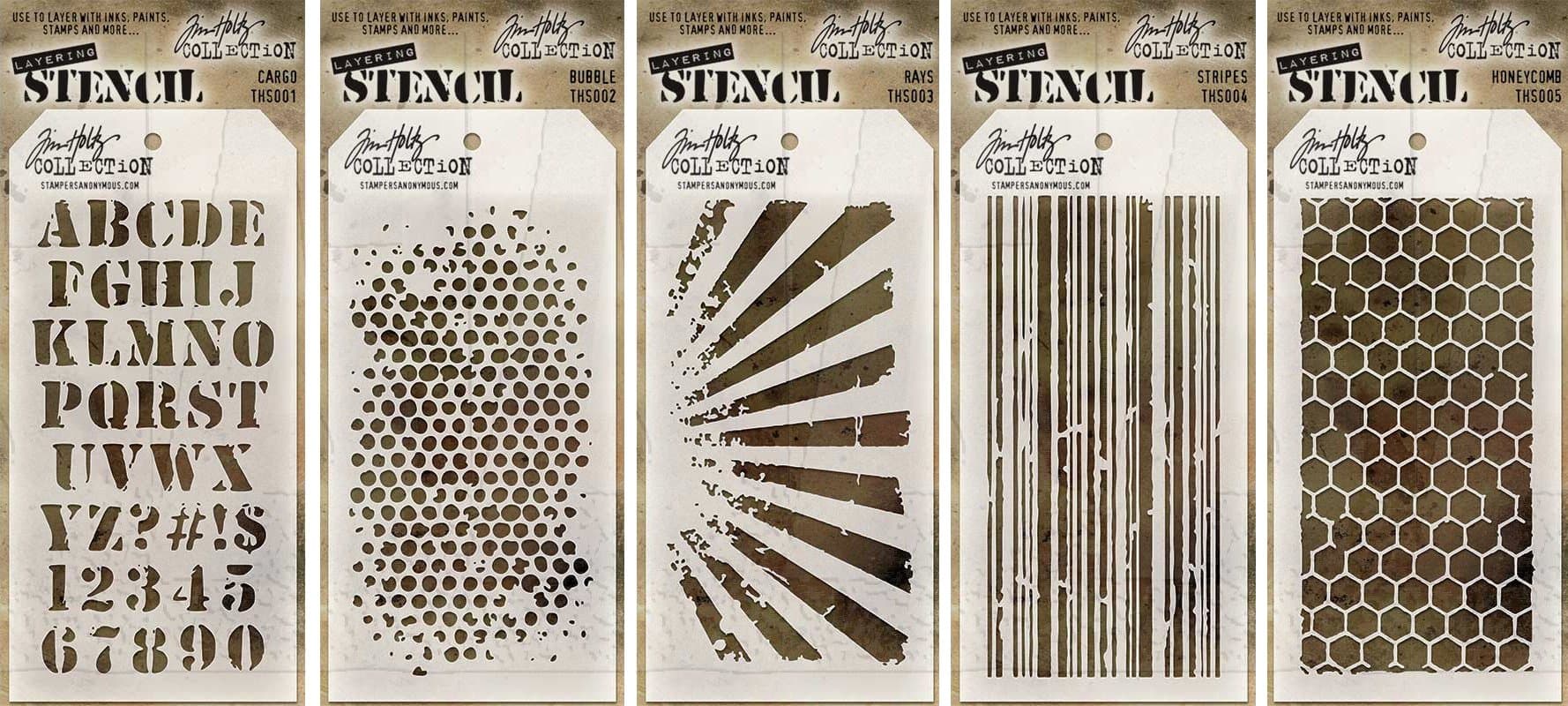Tim Holtz Stencils Set - #1 to #5 - Cargo, Bubble, Rays, Stripes & Honeycomb - 5 Item Bundle
