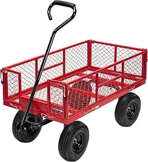 Heavy Duty 880 Lbs Capacity Mesh Steel Garden Cart Folding Utility Wagon with Removable Sides and 4.10/3.50-4 inch Wheels (Red)