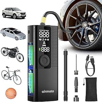 Airmoto Tire Inflator Portable Air Compressor - Air Pump For Car Tires with Digital Pressure Gauge, LED Light and Auto Shut-Off Function - Cordless Pump for Car, Motorcycle, Bicycle, Ball