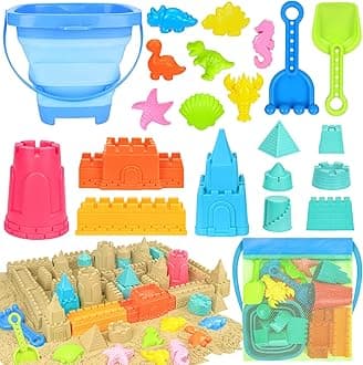 Collapsible Beach Toys for Kids Toddlers, Collapsible Sand Bucket and Shovels Set with Mesh Bag,Travel Sand Castle Building Kit, Sandbox Toys, Foldable Beach Essentials for Toddlers Kids Age 3-10 ﻿