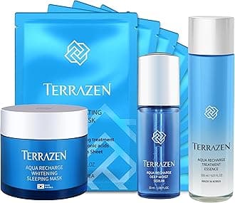 TERRAZEN Korean Aqua Skincare Bundle - Hydrating Face Sheet Masks, Deep Moist Essence, Recharge Serum & Sleeping Mask - Complete Moisturizing and Rejuvenating Skincare Routine for Dry & Sensitive Skin