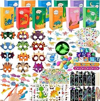 204pcs Dinosaur Party Supplies, Dinosaur Birthday Party Decorations Supplies - 12 Dino Candy Bags, Fillers for Kids, Birthday Gifts for Kids, Treasure Chest Prices