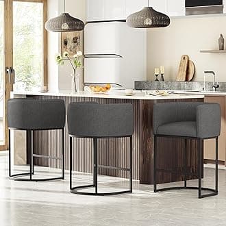 26" H Counter Height Bar Stools Set of 3, Modern Barrel Counter Stools with Backrest and Arms, Linen Fabric Upholstered Accent Barstools for Kitchen Island,Support 450 LBS (Carbon Black)