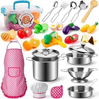 Tigerhu 26PCS Play Kitchen Accessories, Kitchen Pretend Play Cooking Toys w/ Stainless Steel Cookware, Apron & Chef Hat,Pots and Pans Set, Cutting Foods, Great Learning Gifts for Toddler & Boys Girls