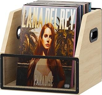 Homeiju Vinyl Record Storage - Metal & Wooden Record Crate, Holds up to 60 Albums, Beige