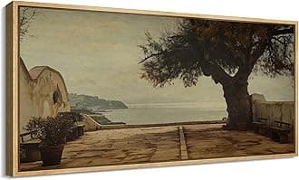 SIGNFORD Extra Large Framed Canvas Print Wall Art Vintage Seaside Courtyard with Tree and Benches Illustrations Modern Art Calm Warm for Living Room, Bedroom, Office - 60"x30"