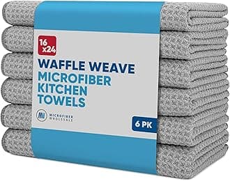 Kitchen Towels - Microfiber Waffle Weave Towels | Gray | 16 x 24 in. (6 Pack) | Absorbent, No Lint, Thick, Reusable, Commercial, Soft, Hand, Tea, Glass, Bar, Sublimation Blank, Polyester Cloths