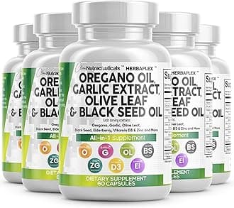 Clean Nutraceuticals Oregano Oil Garlic Extract Olive Leaf Black Seed Oil- Immune Support & Digestive Health Supplement for Women and Men with Vitamin D3 & Zinc - 5Pack