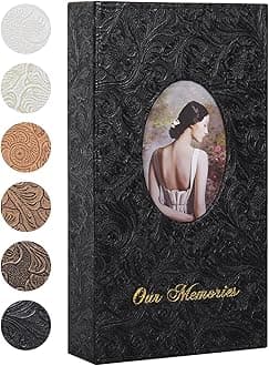 Photo Albums 6x4 Pocket Black Photo Album Retro Leather Cover Photo Book Hold 300 Photos with DIY Oval Front Window for Travel Photo Album Wedding Guest Book Baby Family Memory Book