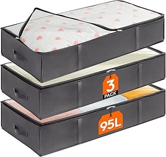 Lifewit 3 Pack 95L Under Bed Storage, Underbed Storage Boxes with lid Clothes Storage Bag Wardrobe Storage Organiser with Reinforced Handle, PVC Window for Duvet, Blanket, Clothing, Shoes, Grey