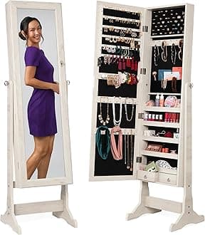 Best Choice Products Freestanding Jewelry Armoire Cabinet, Full Length Standing Mirror, Lockable Makeup Storage Organizer, w/Velvet Lining, 3 Angles, Lock, Accessory Pouch, 5 Shelves - Coastal White
