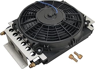 Fluid Cooler and Fan, 15-3/4 x 11-1/2 x 5 in, Tube Type, 6 AN Male Inlet/Outlet, Fittings, Aluminum/Copper, Black Powder Coat, Universal, Each