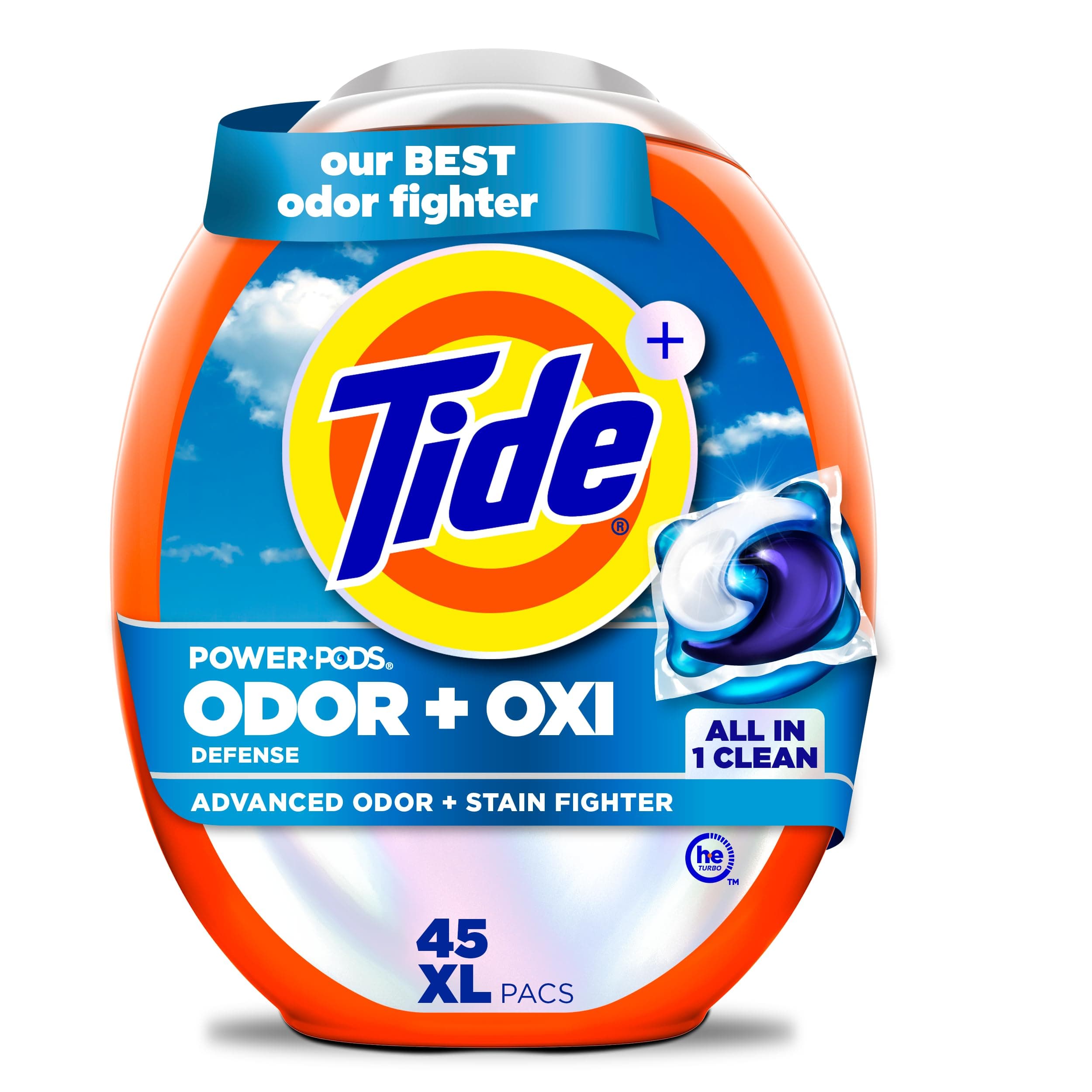 Tide Odor Defense + Oxi Laundry Detergent Pacs, Original Scent, 45 Count, Advanced Odor + Stain Fighter