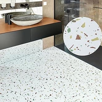 Vinyl Floor Tiles Self Adhesive - 20 Pack To Cover 44.99 sqft (4.18 sqm) - Large Square Peel And Stick Tile Size 18x18in (45.7x45.7cm) for Kitchen, Living Room Flooring - Off White Terrazzo Effect