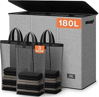 SOLEDI Laundry Hamper with Lid, 180L Laundry Hamper 3 section, Foldable Dirty Clothes Hamper with Sturdy Handle, Large Laundry Basket Organizer for Laundry Room, Bedroom, Dorm, hampers for laundry.