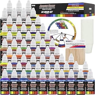 U.S. Art Supply 54 Color Ultimate Acrylic Airbrush, Leather & Shoe Paint Set with Cleaner, Thinner, 50-Plastic Mixing Cups, 50-Wooden Mix Sticks and a Color Mixing Wheel