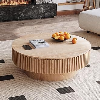 39'' Round Coffee Table with Storage, Modern Wooden Coffee Table with Solid Wood Veneered, Circle Center Table Accent Tea Table for Living Room Apartment Natural Wood