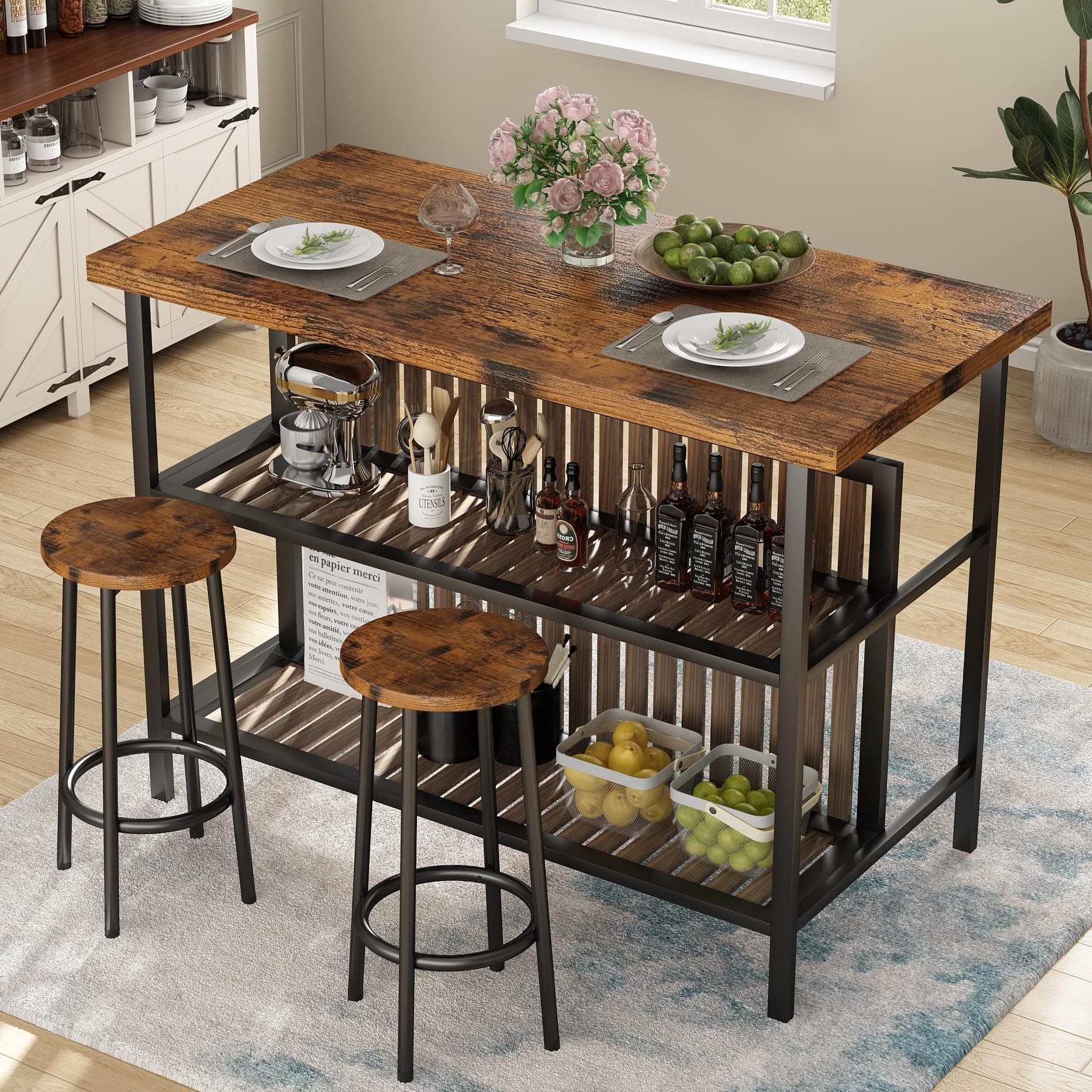 Recaceik 3 Piece Pub Set, Rectangular 2 Bar Stools, Wood Dining Room Set of 2, Modern Counter Height Table with Storage, Kitchen Island with Seating, 47" Faux Marble, Rustic Brown