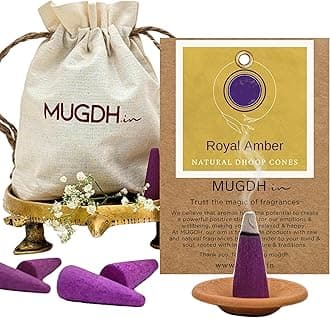 Mugdh Natural Incense Cones – Amber | Bambooless, Low Smoke, Charcoal Free Dhoop Cones | 80 dhoop batti | Free Cotton Potli & Dhoop Stand | Home Fragrance, Pooja & Meditation