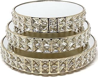 allgala Wedding Cake Stands 3-Piece Set Crystal Gold Plated Cheese Dessert Cupcake Cake Stand with Mirror Plate-Gold Round-HD89202