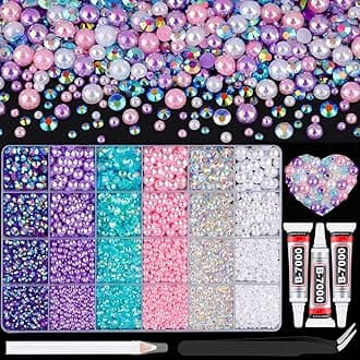 9000Pcs Flatback Pearls and Rhinestones for Crafting, Pink Purple White Mixed Size 3-8mm Resin Rhinestones and Half Pearls for Bedazzling, Nail Art and Decoration with 3pcs B7000 Jewelry Glue