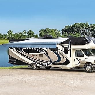 Awnlux Black Motorized Modular Retractable RV Awning Full Set Assemblies for RV, 5th Wheel, Travel Trailers, Toy Haulers, and Motorhome - RV Trailer Awning for Home or Camper - 19x8 Ft - Blue Strip