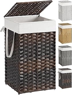 SONGMICS Laundry Hamper with Lid, 17.2 Gallon (65L) Synthetic Rattan Clothes Laundry Basket with Lid and Handles, Foldable, Removable Liner, Brown ULCB165K01