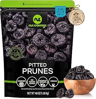NUT CRAVINGS - Dried Prunes Pitted Unsweetened, Dry Plums No Sugar Added, Unsulphured (48oz, 3 LB) Sweet Healthy Snack, Vegan, Kosher, Resealable Bag