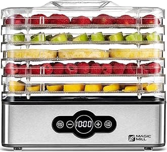 Magic Mill Food Dehydrator Machine | 5 Stackable Stainless Steel Trays, 48H Digital Adjustable Timer & Temperature Control Upto 167° Electric Dryer & Preserver for Jerky, Fruit, Dog Treats & Much More