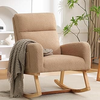 Rocking Chair Nursery, Sherpa Nursing Rocking Chairs, Upholstered Nursery Glider Rocker for Mom Nursery Morden Accent Rocking Chair with Side Pocket for Living Room,Bedroom,Teddy Camel