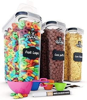 Chefââ‚¬â„¢s Path Cereal Storage Container Set - 100% Airtight Best Food Storage Containers, 8 FREE Chalkboard Labels & Pen, Great for Flour, Sugar & More - BPA Free Dispenser Keepers (16.9 Cup 135.2oz) 3PC
