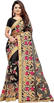 BARKIYA CREATION Women's Net Saree With Unstiched Blouse Piece
