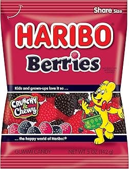 HARIBO Gummi Candy, Berries Gummy Candy, 5 Ounce Share Size Bags (Pack of 12) Delicious Soft & Crunchy, Chewy Sweet Snacks, Red & Black Berry Fruit Flavor