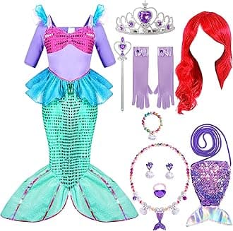 Halloween Little Mermaid Costume for Girls, Sequin Mermaid Dress Set, Light Purple Princess Dress for Toddler Dress-Up, Cosplay Party (Large, 10-12 yrs)
