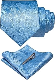 Mens Solid Color Paisley Necktie and Pocket Square with Tie Clip Sets