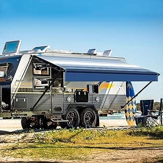 YESCAMP Manual RV Awning Complete Kit Retractable Camper Awning for RV or Trailers RV Roll Out Awning for Camper or 5th Wheel,Travel Trailers,Toy Haulers,Motohome(14Ft,Black Frame,Blue Stripe)