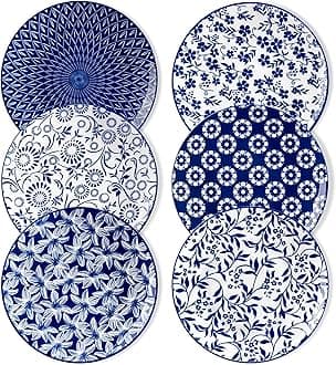 vancasso Ceramic Salad Plates Set of 6, Small Plates 8.25 Inch Plates Set of 6 for Kitchen, Porcelain Blue and White Dessert Plates for Kitchen, Microwave Oven Dishwasher Safe, Vintage Gift, Blue
