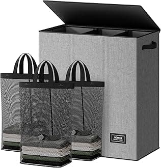 SOLEDI Laundry Basket 3 Section 160L Laundry Hamper with Lid Clothes Hamper Collapsible Washing Basket Bag, Foldable Washing Bin for Bedroom, Laundry room, Livingroom (Grey)