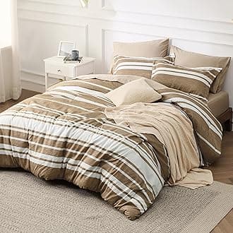 Bedsure Bed in a Bag Queen 7 Pieces - Khaki Striped Comforter Set Queen All Season Bed Set, Bed Set Queen Size with 1 Comforter, 1 Flat Sheet, 1 Fitted Sheet, 2 Pillowcases & 2 Shams