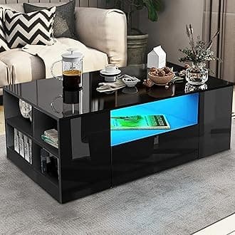 Coffee Table with Storage, Black High Gloss Coffee Table for Living Room with LED RGB Lights 2 Drawer Storage and Open Shelf Rectangle Centre Tea Table For Home Office Furniture, 95 x 55 x 37cm