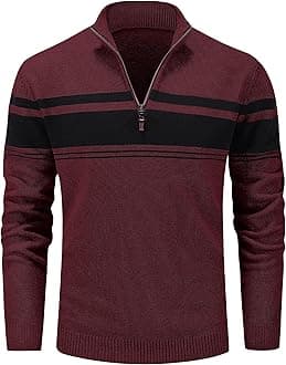 MAGCOMSEN Men's Sweaters 1/4 Zip Up Casual Striped Pullover Polo Sweaters Fall Winter Sweatshirts, Wine Red, L