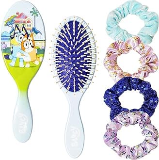 - Bluey Hair Accessory 5 Pcs Set - 1 Regular 9 inch Bluey HairBrush For Girls + 4 Bluey Scrunchies For Kids - Accessories For Girls - Detangling Brush - Elastic Hair Ties Ropes Scrunchies Ages 3+