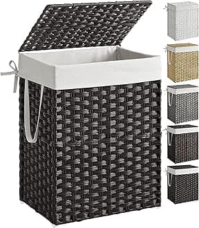 SONGMICS Laundry Hamper with Lid, 23.8 Gallon (90 L) Synthetic Rattan Clothes Laundry Basket with Lid and Handles, Foldable, Removable Liner, Black ULCB51BK