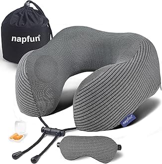 napfun Neck Pillow for Traveling, Upgraded Travel Neck Pillow for Airplane 100% Pure Memory Foam Travel Pillow for Flight Headrest Sleep, Portable Plane Accessories, Dark Gray Striped Kit