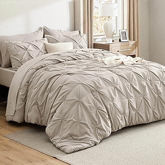 Oversized Queen Comforter Set Beige - Bed in a Bag Bedding Set 7 Pieces, GentleSoft™ Pintuck Bed Set Gift for Family, Pinch Pleat All Season Comforter with Sheets, Pillowcases & Shams