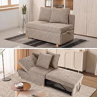 SEJOV Sofa Bed Chair 4-in-1 Convertible Chair Bed, 3-Seat Linen Fabric loveseat Sofa with 2 Throw Pillow, Single Recliner for Small Space with 5 Adjustable Backrest, Brown Grey